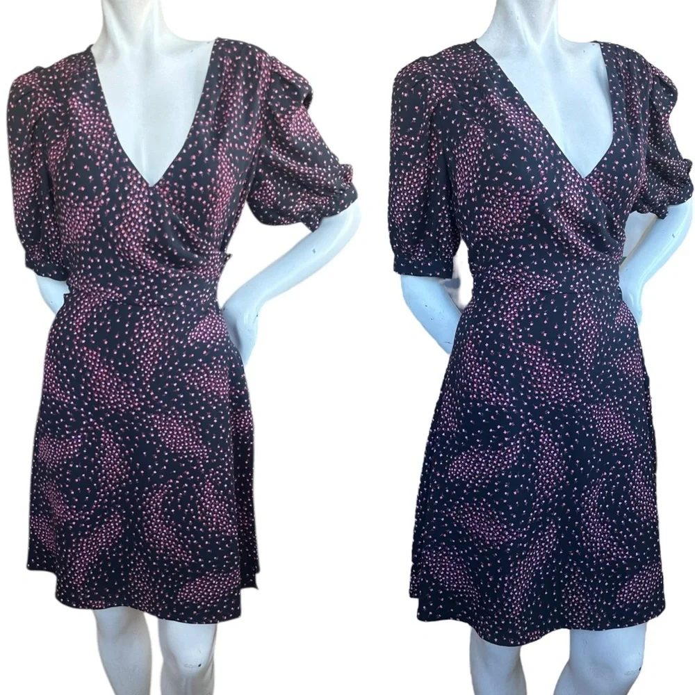 Kate Spade Girly Black Pink Floral Meadows Puff Sleeve Mini Wrap Dress Size US 6